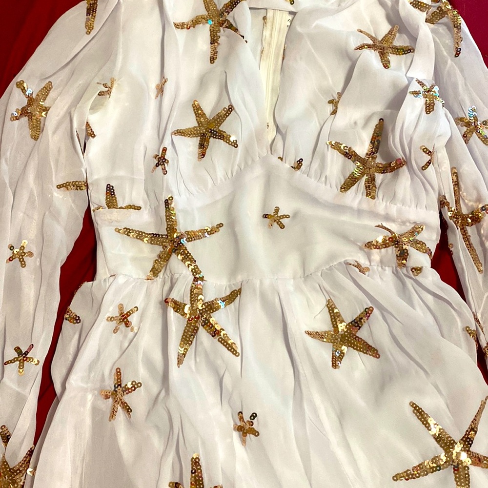 Maxi dress with sleeves and star design. Size small with a thigh slit.